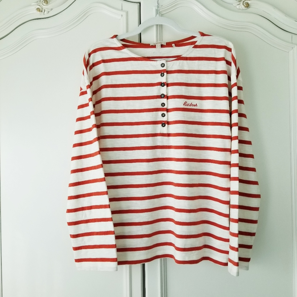 Barbour Rust Ivory Stripe Long Sleeve Henley Relaxed Fit Cotton Tee US 8